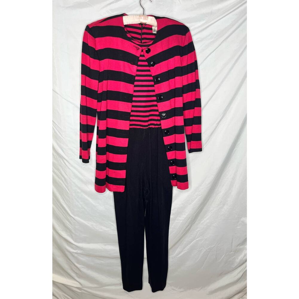 Act I Jumpsuit Matching Jacket Striped Jersey Knit Sz Small 9/10 USA Vintage 80s